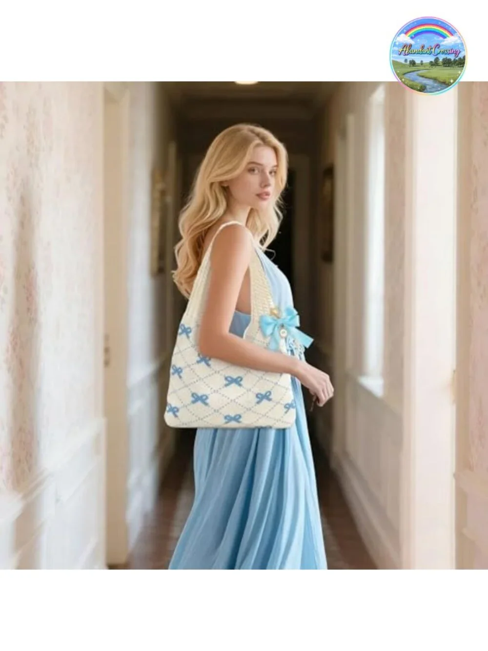 Crochet Tote Bag with Bow Keychain - Boho Hobo Shoulder Bag